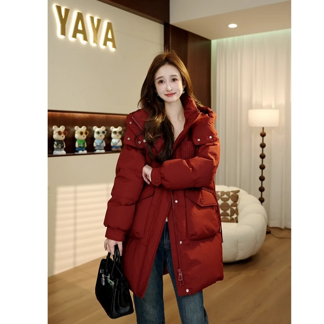 YAYA/鸭鸭时尚百搭新款保暖休闲连帽中长款女士羽绒服YE3B635155L
