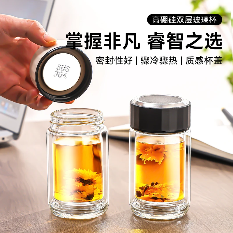 言冉高硼硅双层玻璃杯高档男士商务办公便携车载家居支持定制水杯