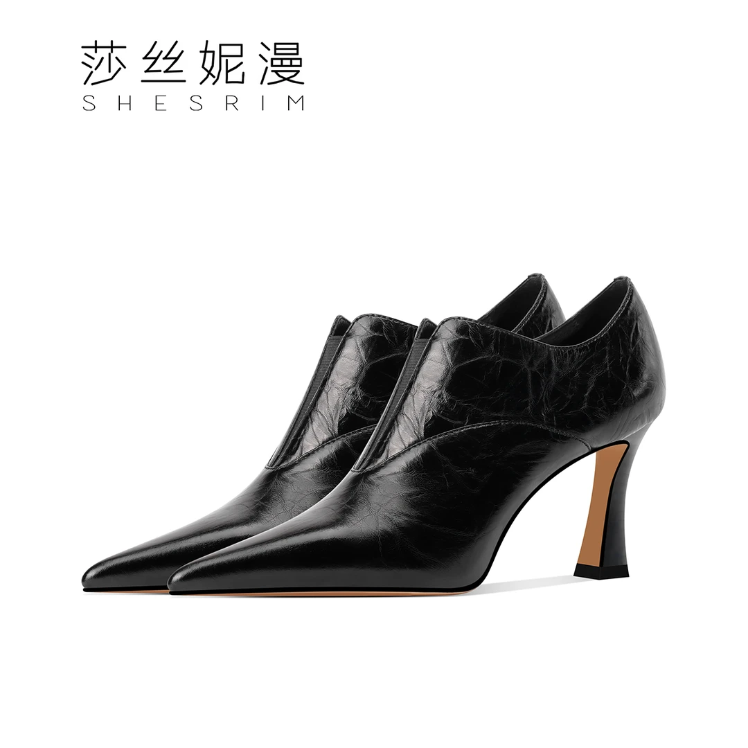 春季新款单鞋尖头高跟气质女人款真皮实心跟百搭性感时尚女鞋黑