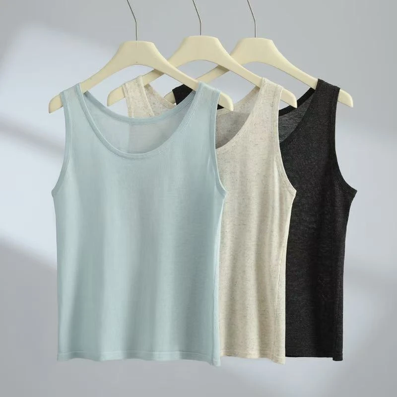 夏季薄款天丝亚麻圆领针织吊带背心女宽松凉爽透气无袖内搭打底衫