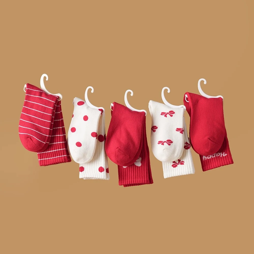 蓉蓉麻衣【红红火火】羊绒直筒袜5双装加厚保暖冬季