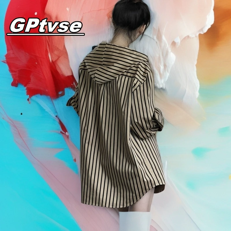 GPTVSE小众设计咖色条纹长袖连帽衬衫女2025新春夏慵懒风外套衬衣