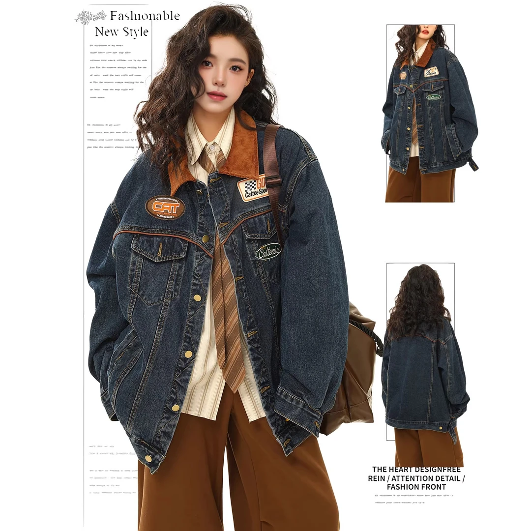 美式复古高街牛仔外套男女春秋季机车潮牌翻领宽松刺绣夹克上衣潮