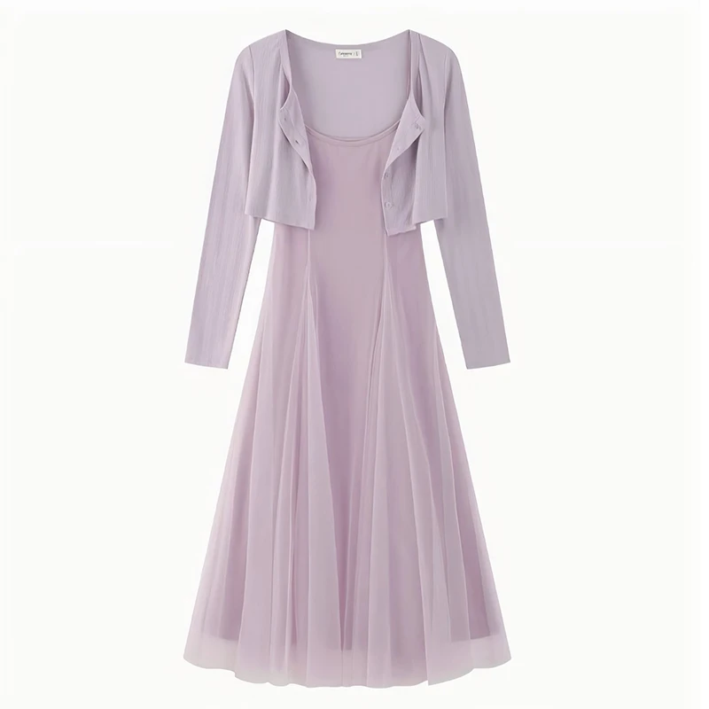 【两件套】【有里布】温柔风紫色吊带连衣裙短款百搭开衫两件套D0622