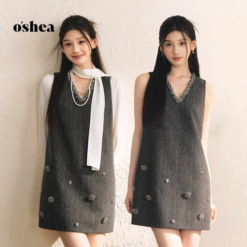 oshea 法式千金无袖连衣裙女2025新款早秋重工V领气质a字背心短裙