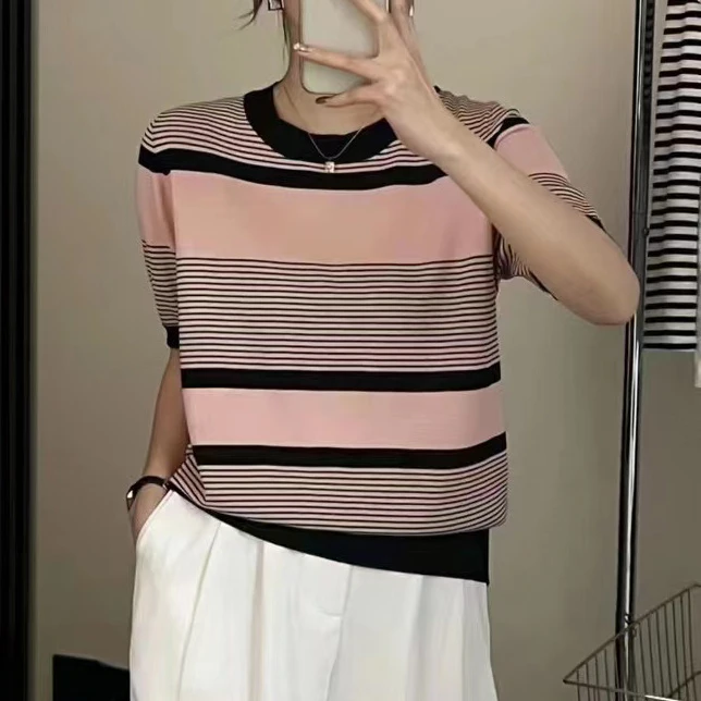 条纹短袖薄款常规千金风毛针织衫套头时尚宽松上衣SY-G5872-B24