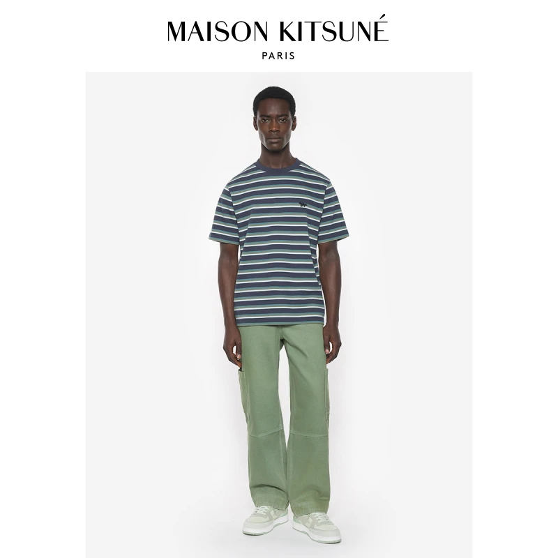 【春夏新品】Maison Kitsune男女同款罗纹狐狸休闲条纹撞色T恤
