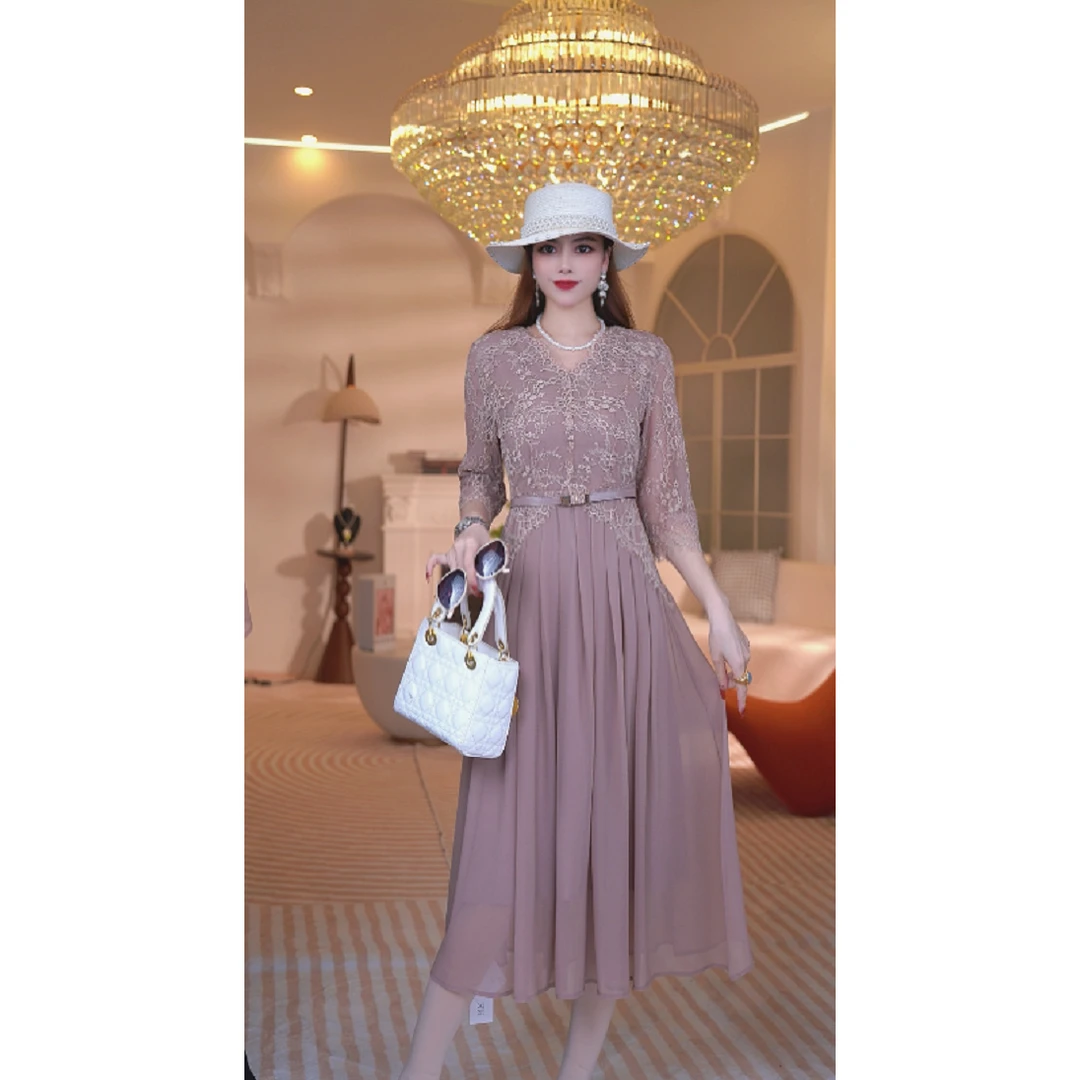 暖长裙夏季宴会树脂固色气质法式优雅长款短袖连衣裙1112