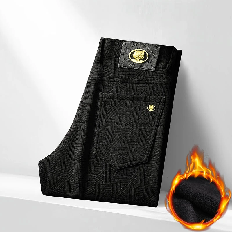 法尔利格高弹力休闲裤男冬季加绒加厚保暖高端提花直筒高档长裤子