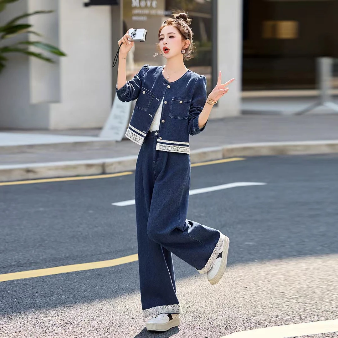 2025春秋新款气质蕾丝拼接设计感时髦减龄阔腿裤套装HJ-1686