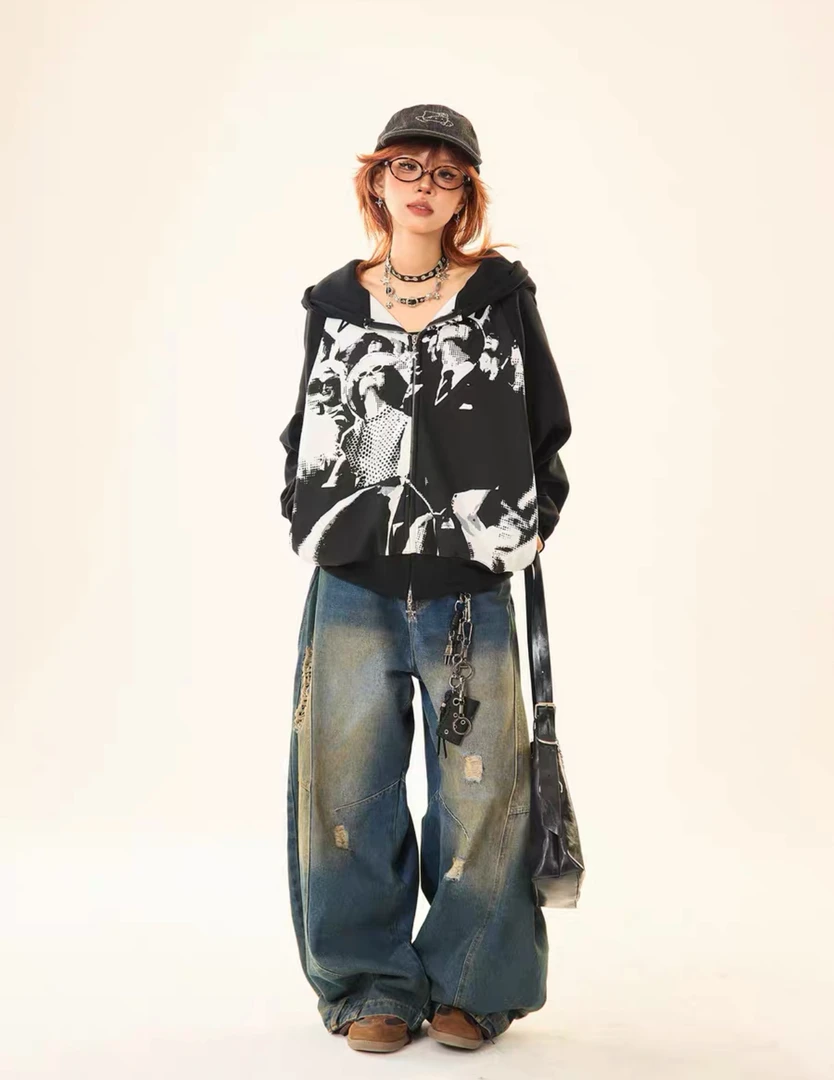 2549某饱158！复古人像连帽卫衣设计感vintage宽松开衫外套