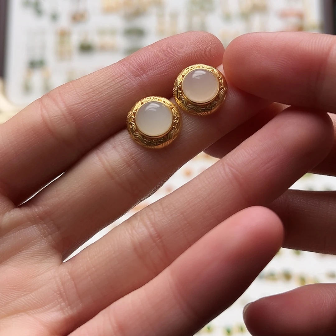 银S925镀金镶嵌和田玉耳钉