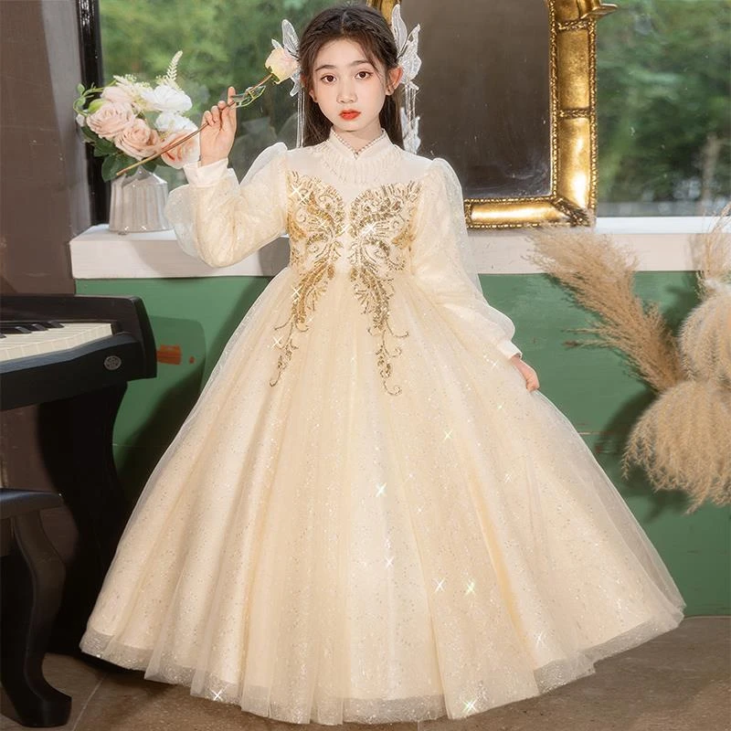 女童晚礼服秋冬2024新款高端花童公主裙主持人儿童钢琴演奏女长袖