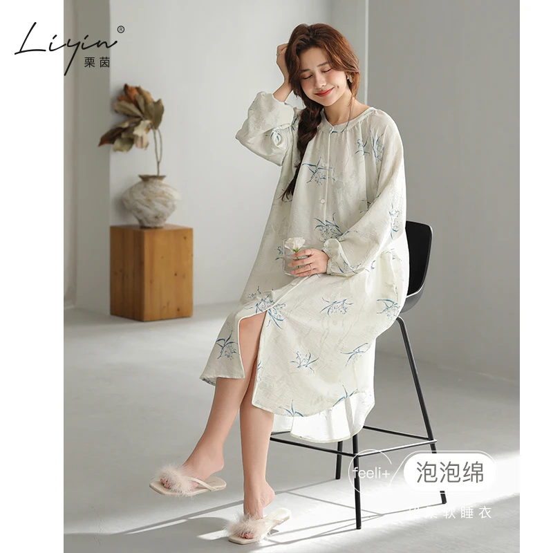栗茵小众设计师新款泡泡绵女士睡衣春秋长袖少女睡裙可外穿连衣裙