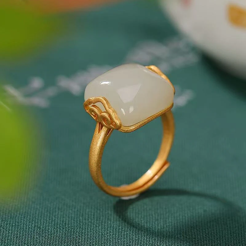 浅色H10063和田玉祥云戒指金色（多样性发其一）