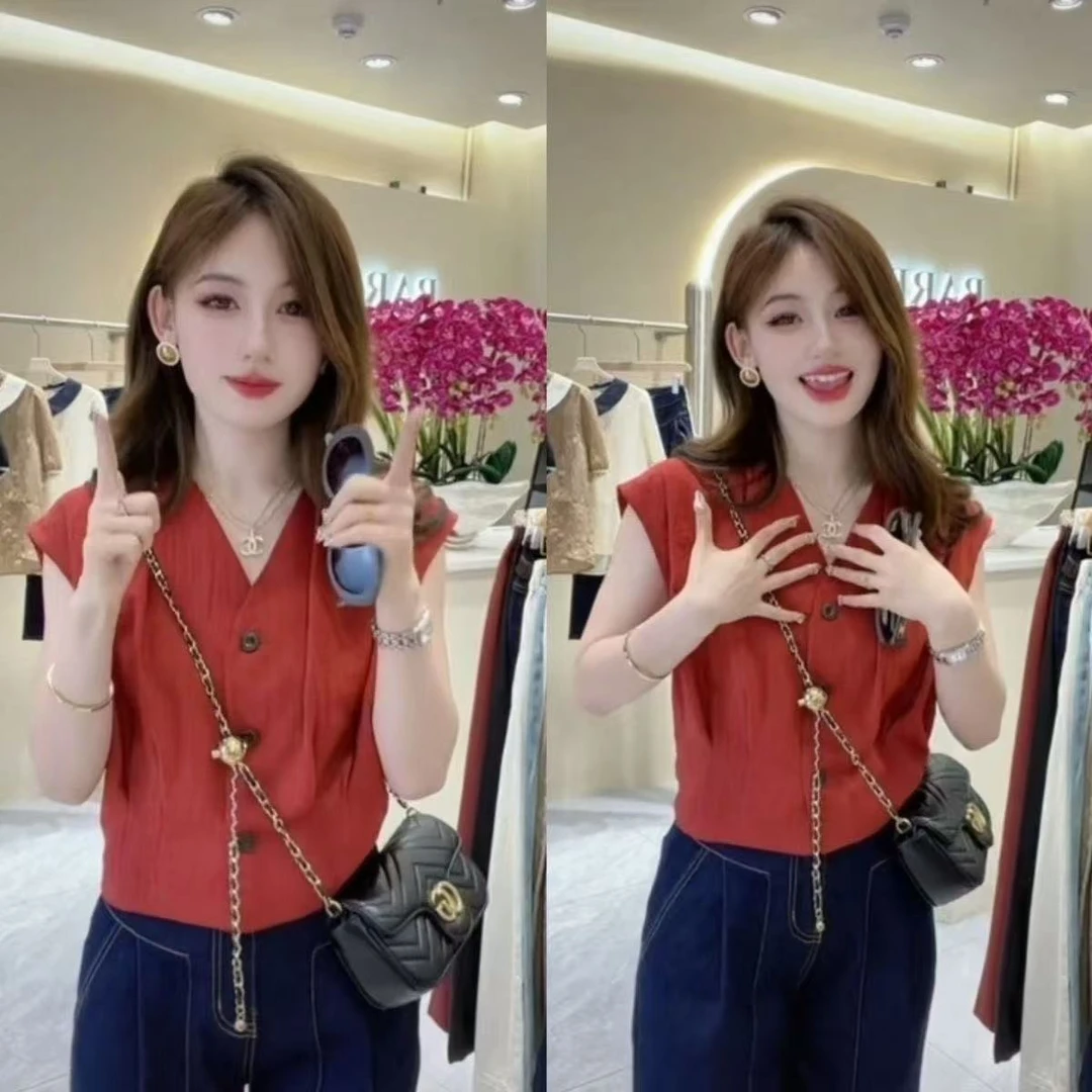 网红爆款衬衫夏季新款小众设计感无袖小衫薄款纯色V领显瘦上衣女