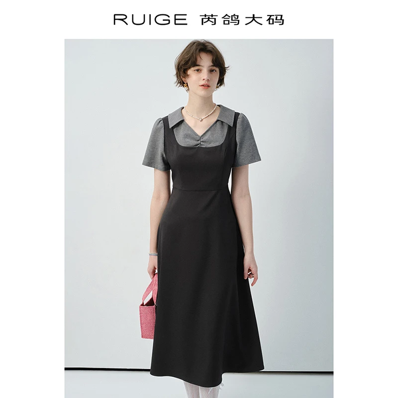 芮鸽微胖定制假两件连衣裙V领收腰长裙女显瘦修身胖mm裙子00196