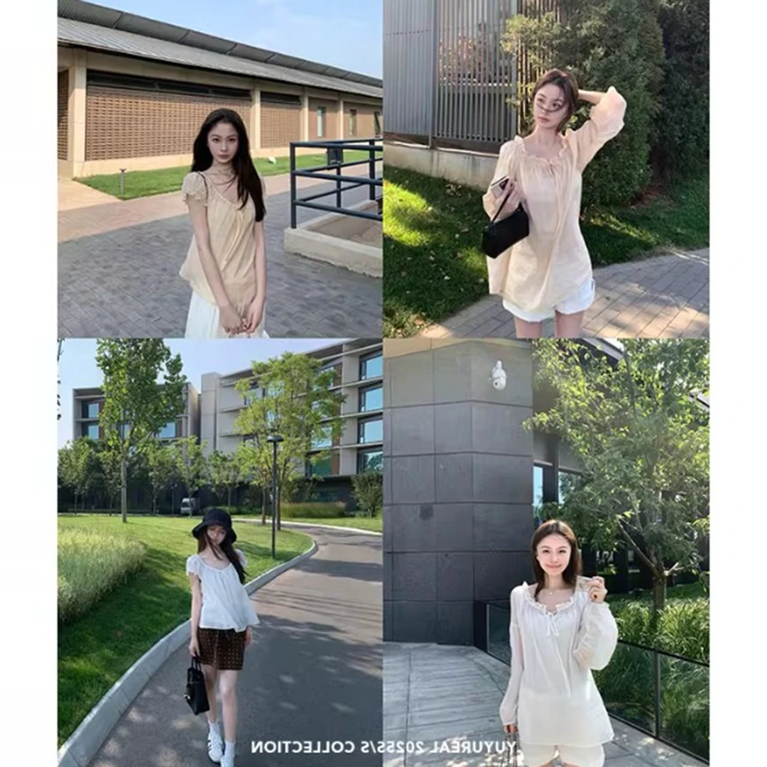 泡泡袖短袖带宽松上衣女夏秋新款长袖衬衫气质休闲百搭薄款雪纺衫