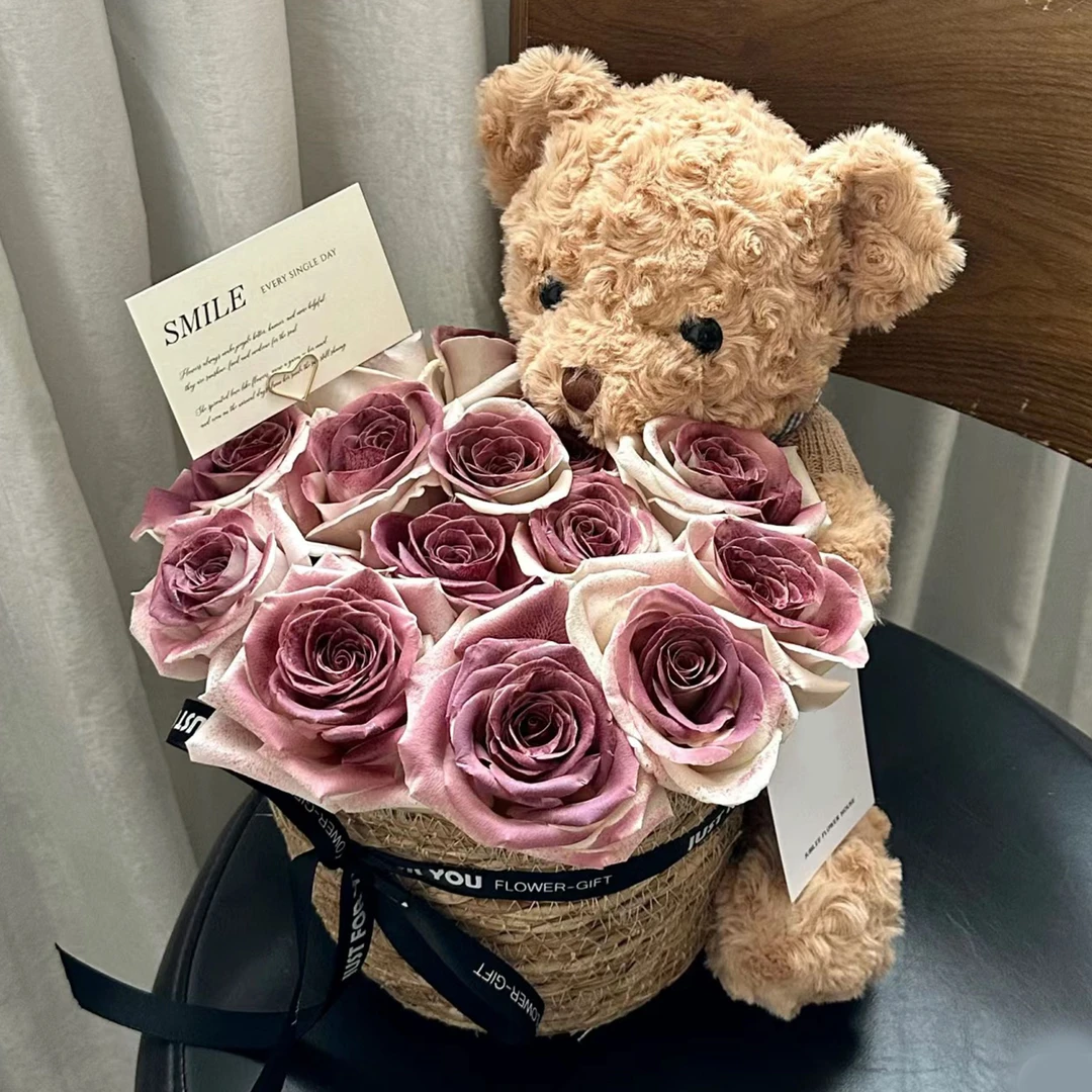 玫瑰花 11朵乌梅子酱抱抱桶小熊花束送女友老婆闺蜜生日礼物鲜花配送花店送花上门 予你同行