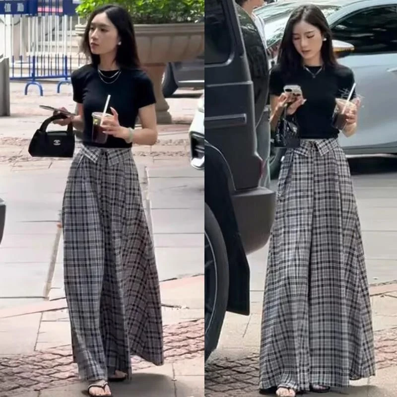 LAO（黑白格裤）套装搭配一整套短袖T恤+高腰氛围感格子裤裙阔腿裤