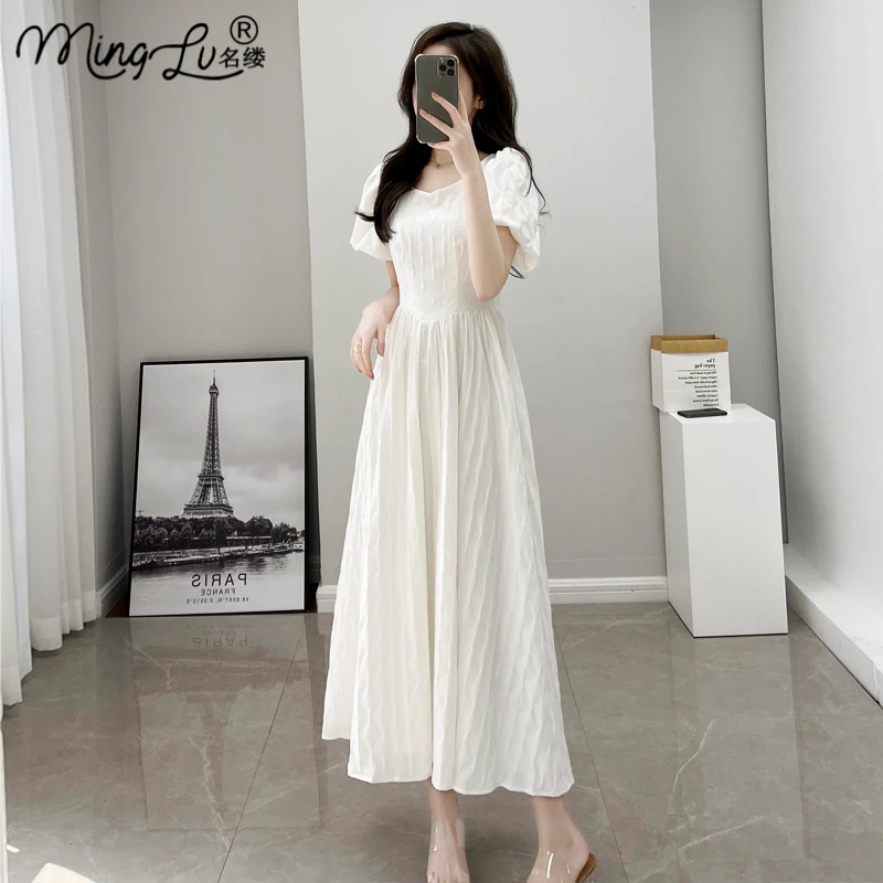 连衣裙2025新款女装法式白色长裙气质显瘦圆领赫本风a字裙夏季女
