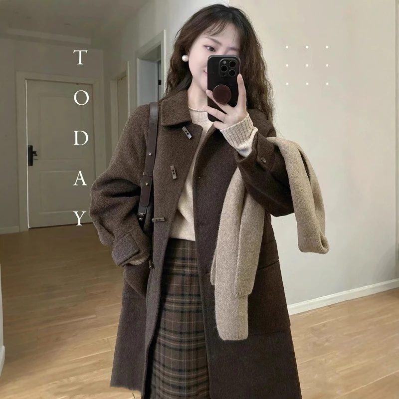 日系牛角扣呢子大衣女2025新款秋冬季毛呢外套英伦风高级感小个子