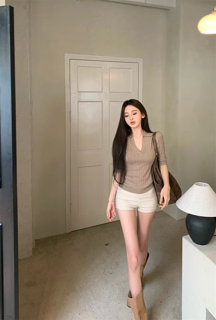 时尚复古简约针织翻领条纹百搭打底短款上衣+时髦裤子#66429