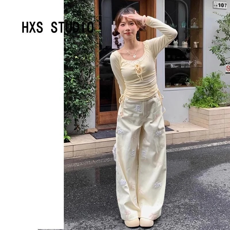 美式甜妹小熊刺绣直筒牛仔裤女春夏新款小众设计感显瘦阔腿裤子