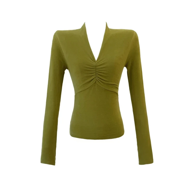 复古捏褶v领长袖T恤上衣2025秋冬季双面绒保暖修身显身材打底衫女