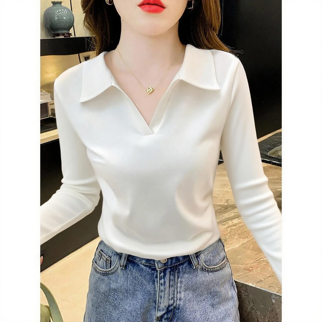 螺纹棉正肩polo领打底衫女早秋2025爆款翻领修身显瘦百搭长袖上衣
