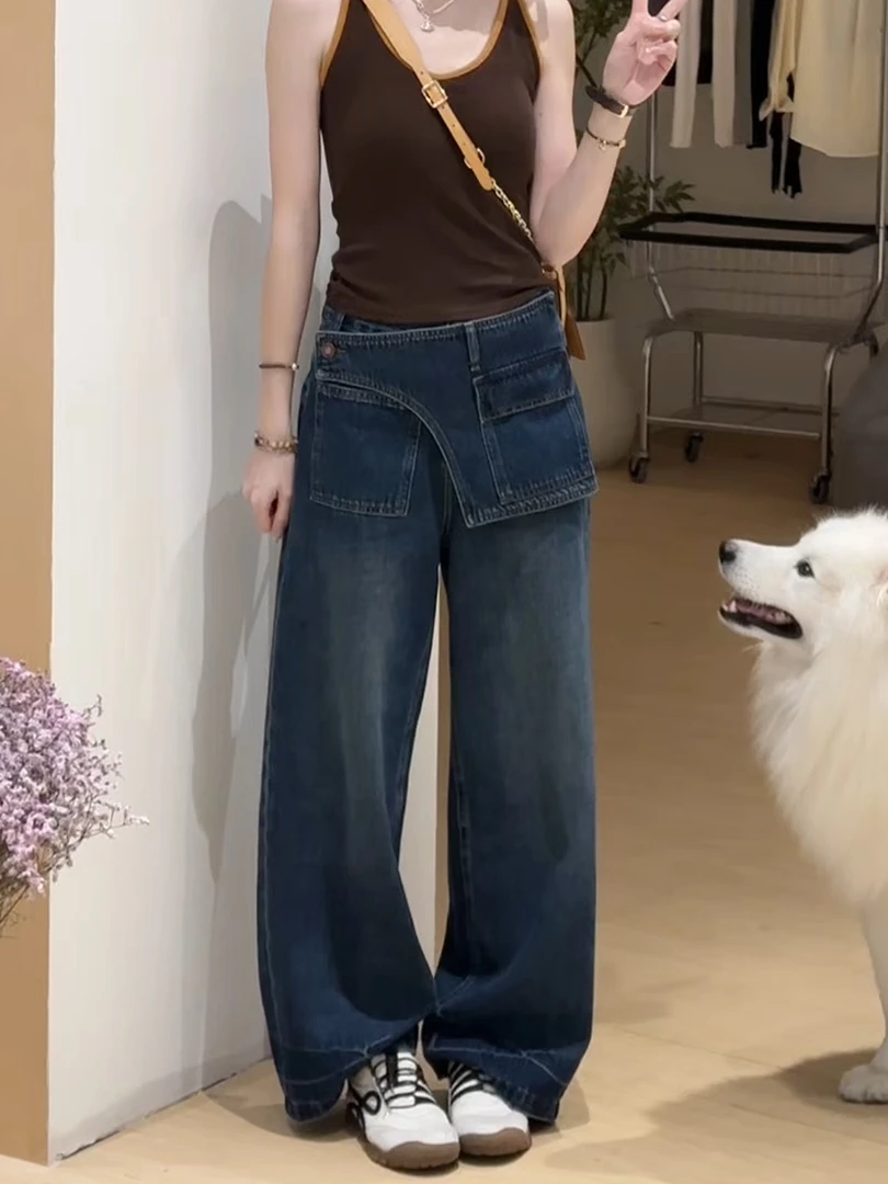 蓝色港风复古屁帘阔腿牛仔裤女2025秋季新款设计感高腰直筒休闲裤