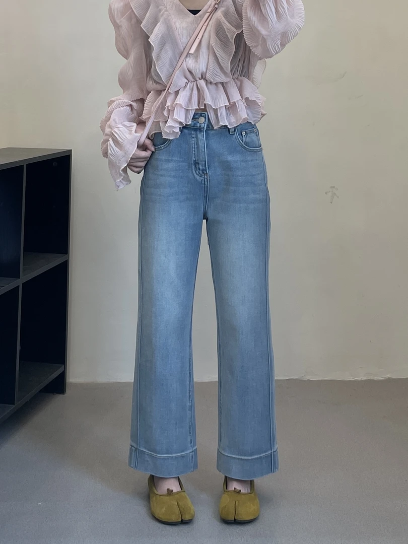 2025春夏季阔腿直筒牛仔裤女微胖大码梨形身材弹力遮胯显瘦九分裤