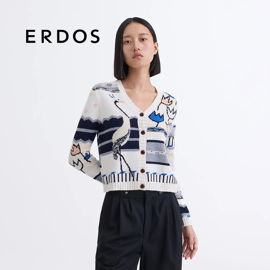 ERDOS V领花朵提花针织开衫春仙鹤图案棉绒混纺毛衣