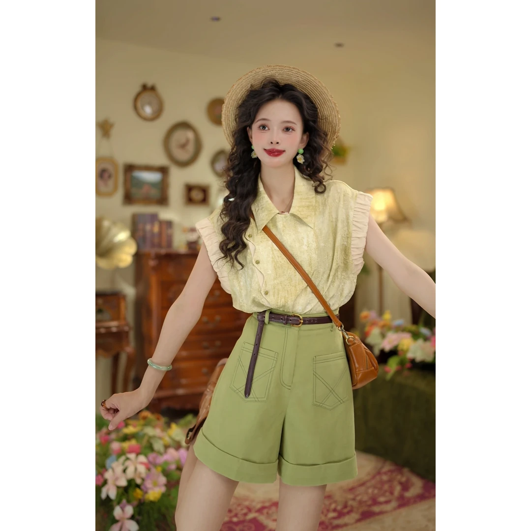 扣子家【小春笋】港风复古休闲百搭短袖衬衫女夏季上衣KE0706482