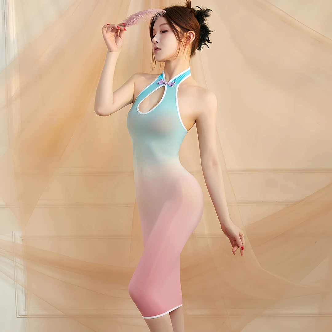 「油润」挂脖油亮旗袍长裙渐变油亮露背连衣裙女显瘦紧身