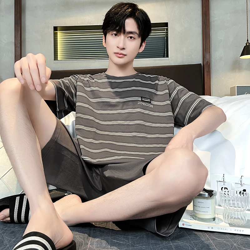 【凉感】莫代尔棉夏季男士短袖短裤睡衣休闲条纹薄款夏天家居服套装