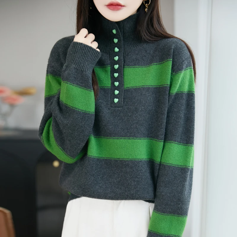 品牌专柜正品女装半高领宽松条纹保暖羊毛针织衫秋冬时尚撞色毛衣
