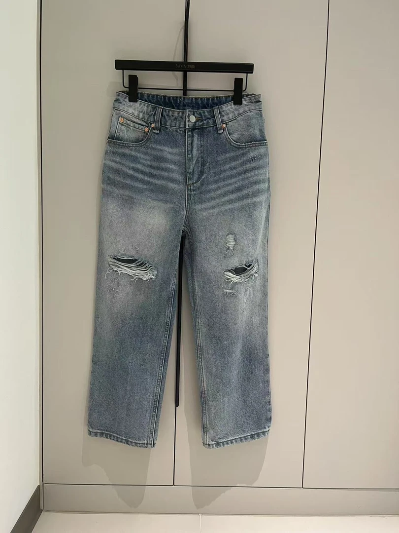 时尚高腰破洞直筒薄款牛仔裤女显瘦百搭