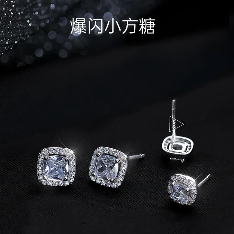 925银耳饰 S925银方糖耳钉女新款爆款小众轻奢耳环礼物爆闪精致