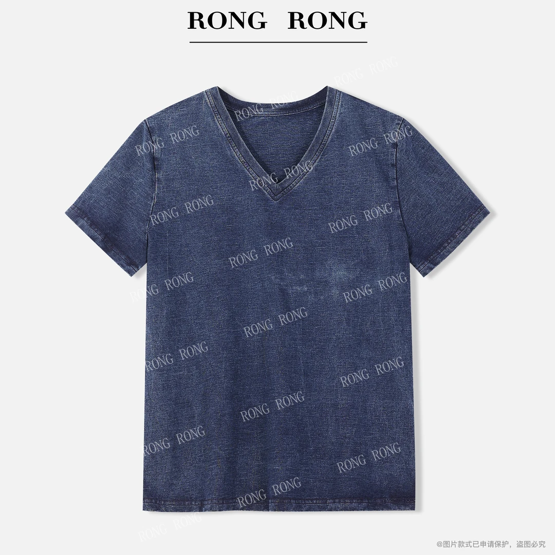 溶溶【循迹蓝调】RONGRONG100棉V领洗褪工艺做旧显瘦修身T恤T-B0052