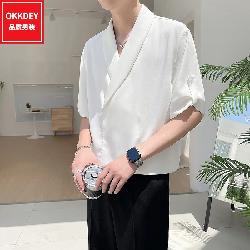 夏季薄款冰丝西装领衬衫高级感轻奢男士短袖衬衣宽松休闲帅气上衣