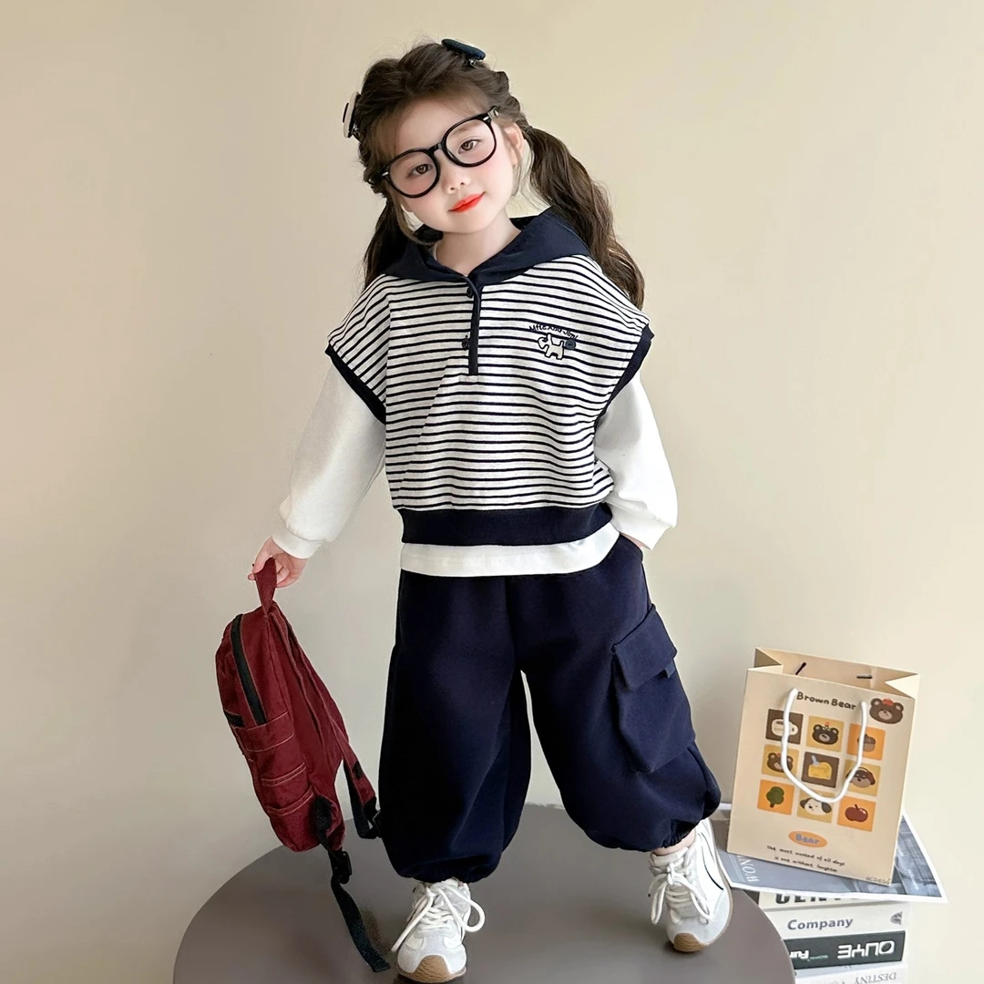 MK&UR.BV女童条纹套装秋季2025新款女宝宝洋气时髦秋装儿童三件套