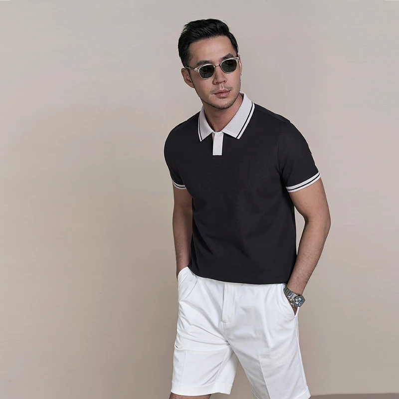 非城【皮马棉珠地纹】2025春夏个性撞色男士商务休闲高级感男装