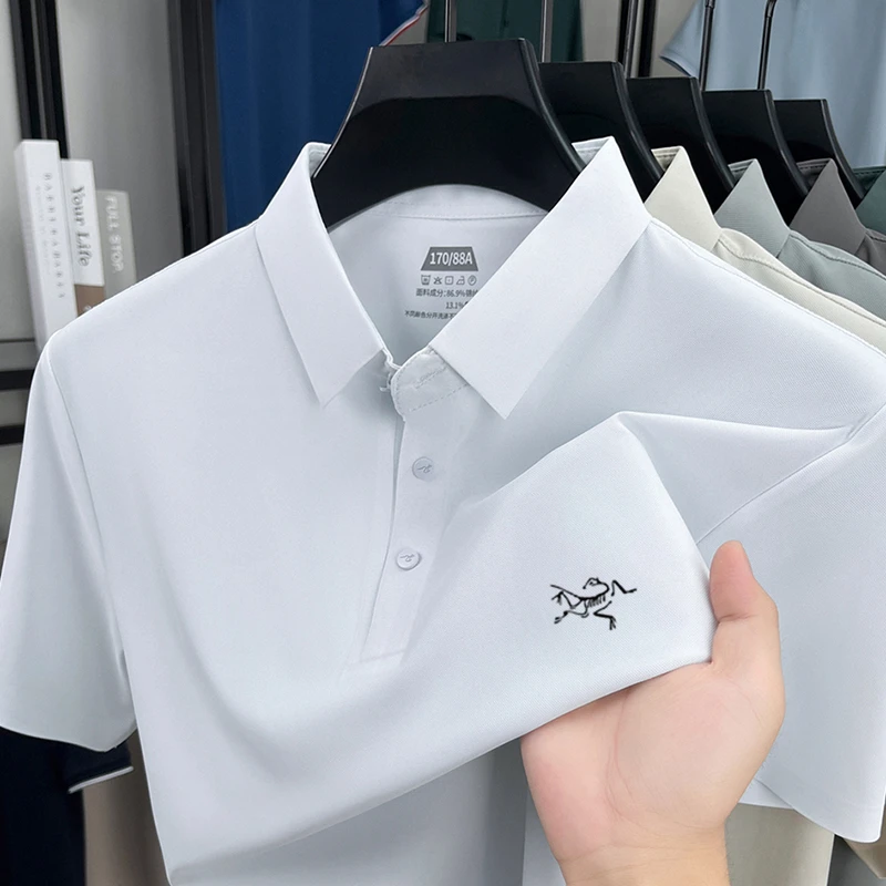 【大牌撤柜】桑蚕丝短袖t恤男刺绣鸟冰丝polo衫商务休闲翻领上衣