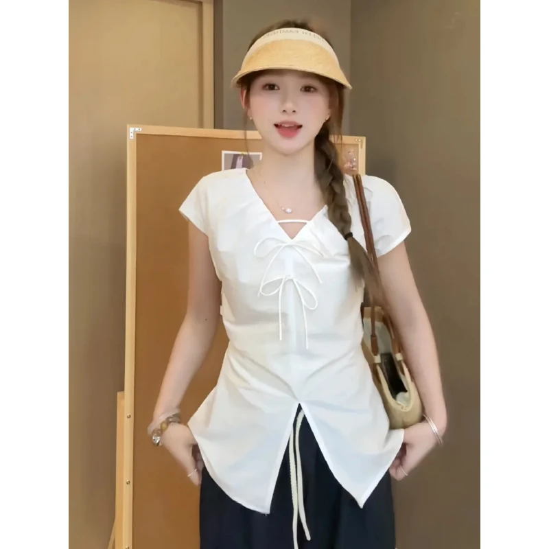 大码胖MM法式纯欲风褶皱设计感v领衬衫夏季新款掐腰显瘦短袖上衣