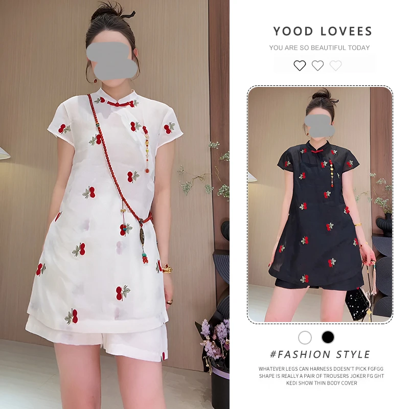 2026夏季新中式立领斜襟盘扣短袖樱桃印花小衫上衣女显瘦短裤套装