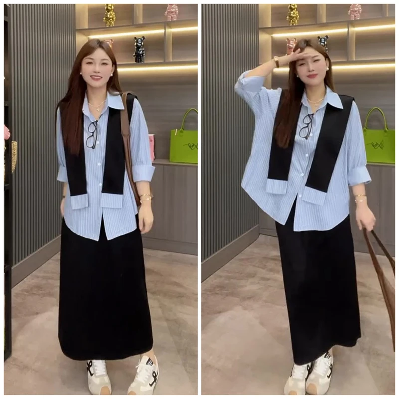 胖mm大码女装早秋季时尚休闲学院风宽松衬衫上衣半身裙显瘦两件套