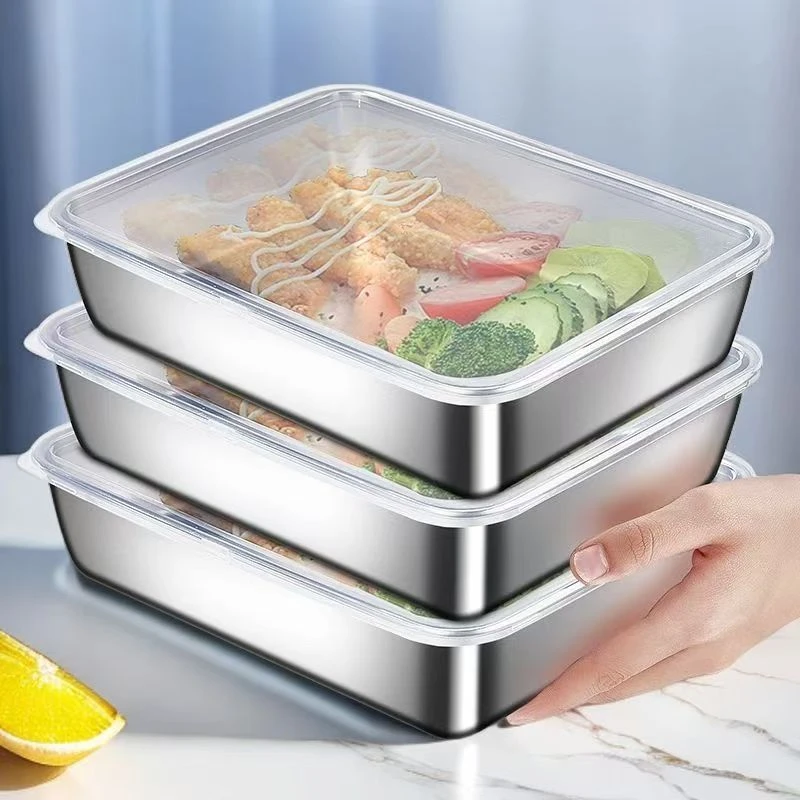 【⑥.⑨元/两个装】送盖不锈钢保鲜盒方盘冰箱烤箱叠放收纳盒25*20*5