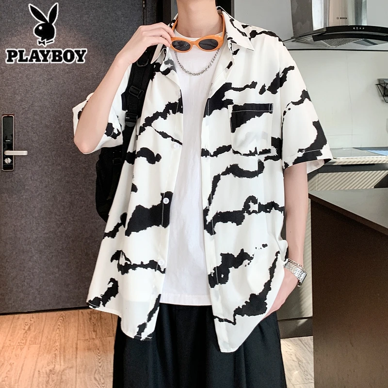 日韩系冰丝垂坠感花衬衫短袖男装夏季透气凉感痞帅高级感轻奢衬衣