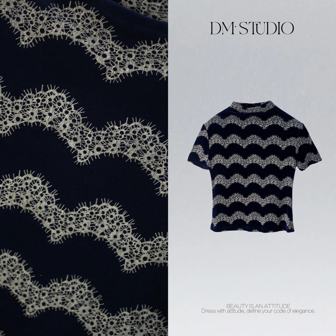 DEDM•STUDIO/小众设计感复古波浪蕾丝显瘦丝绒上衣2507TX/88901